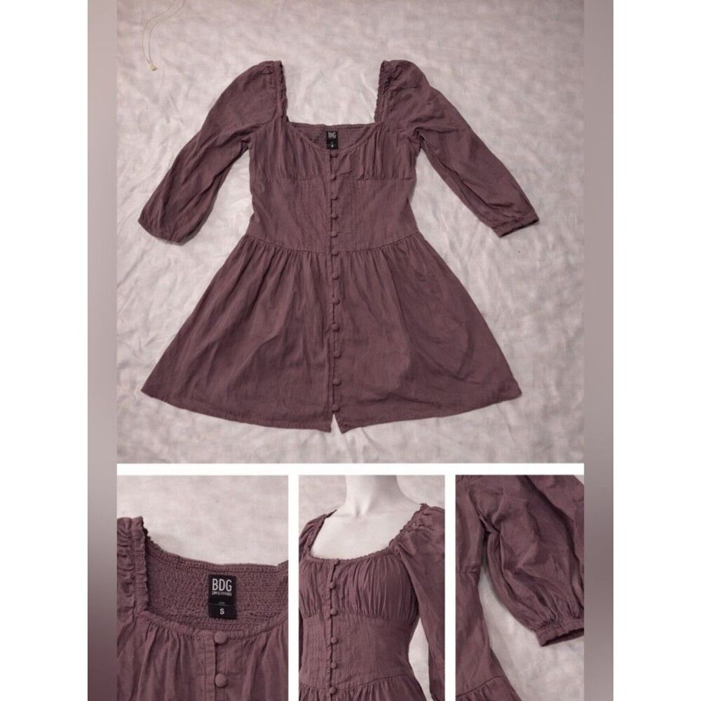 BDG Urban Outfitters Mauve Brown Puff Sleeve Button Front Mini Dress Size Small